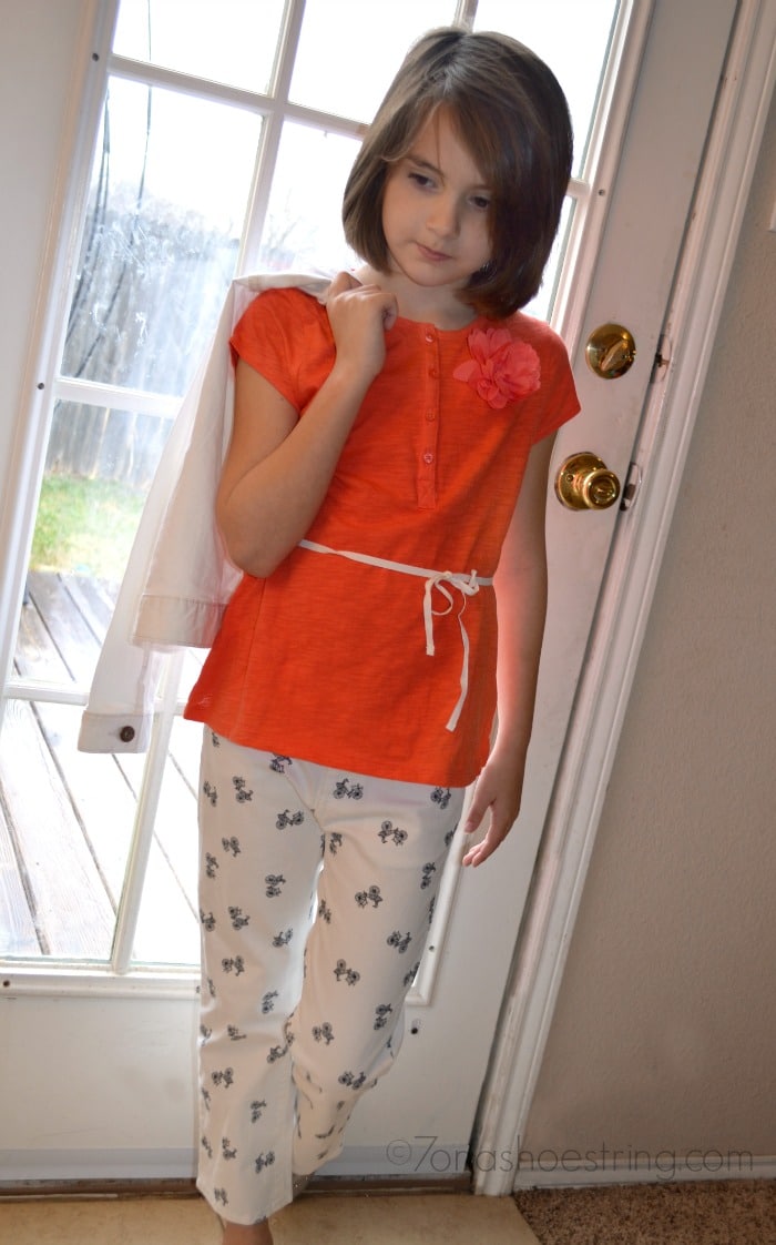 orange blouse with capris